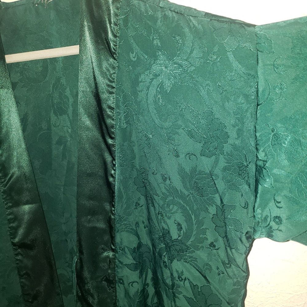 Vtg Victoria's Secret OS Gold Label Jacquard Kimono Bath Robe Green Satin Short - Picture 4 of 9